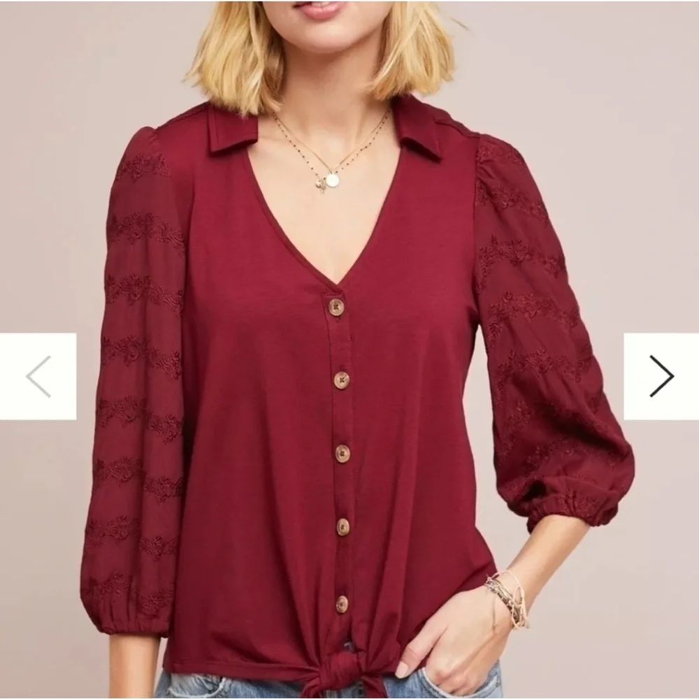 Anthropologie Vanessa Virginia Lorena White Tie-Front Boho Blouse Boho Size L